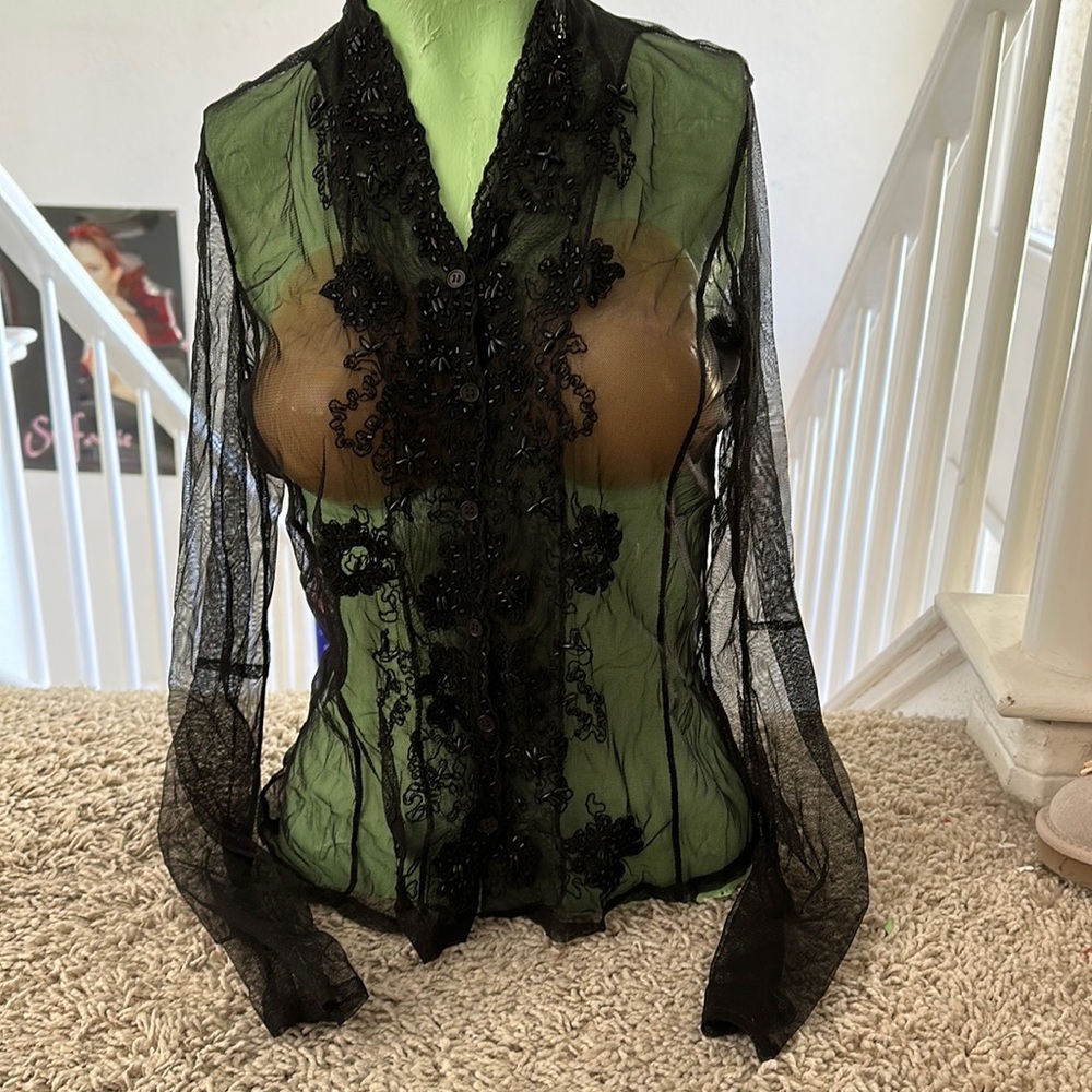 Black see-through with lace embroidery in the middle long-sleeved blouse